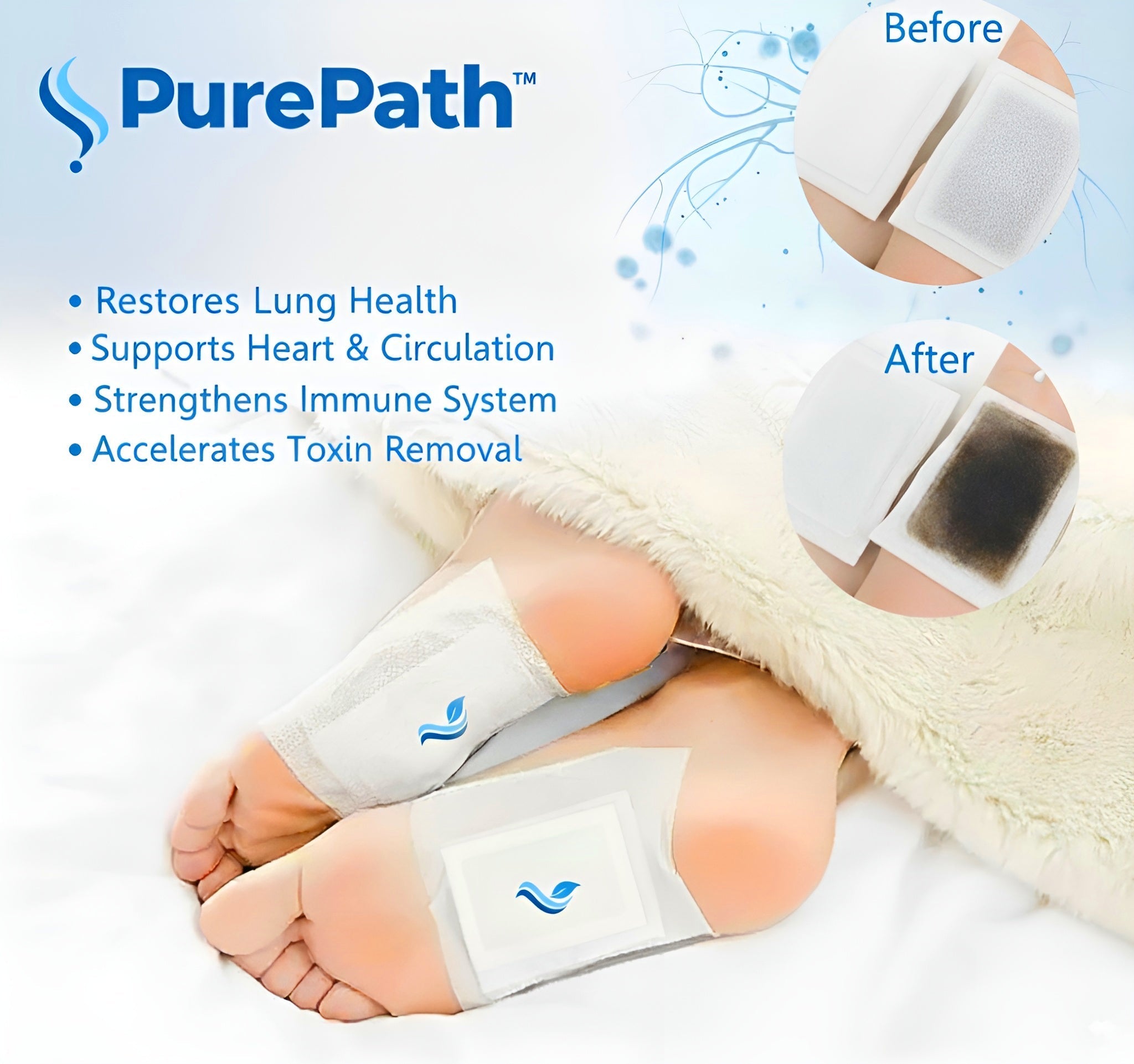 A set of Arenzza PurePath™ Smoker's Detox Patches applied to skin, designed to support detoxification and promote wellness.
