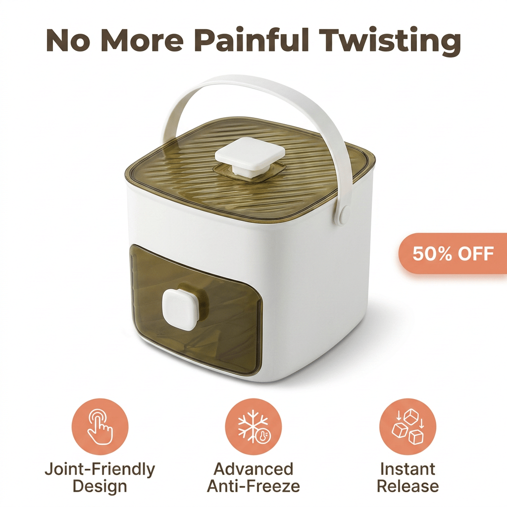 Arenzza push button ice box with a sleek design, showcasing its mess-free, odor-proof storage with a push button lid.
