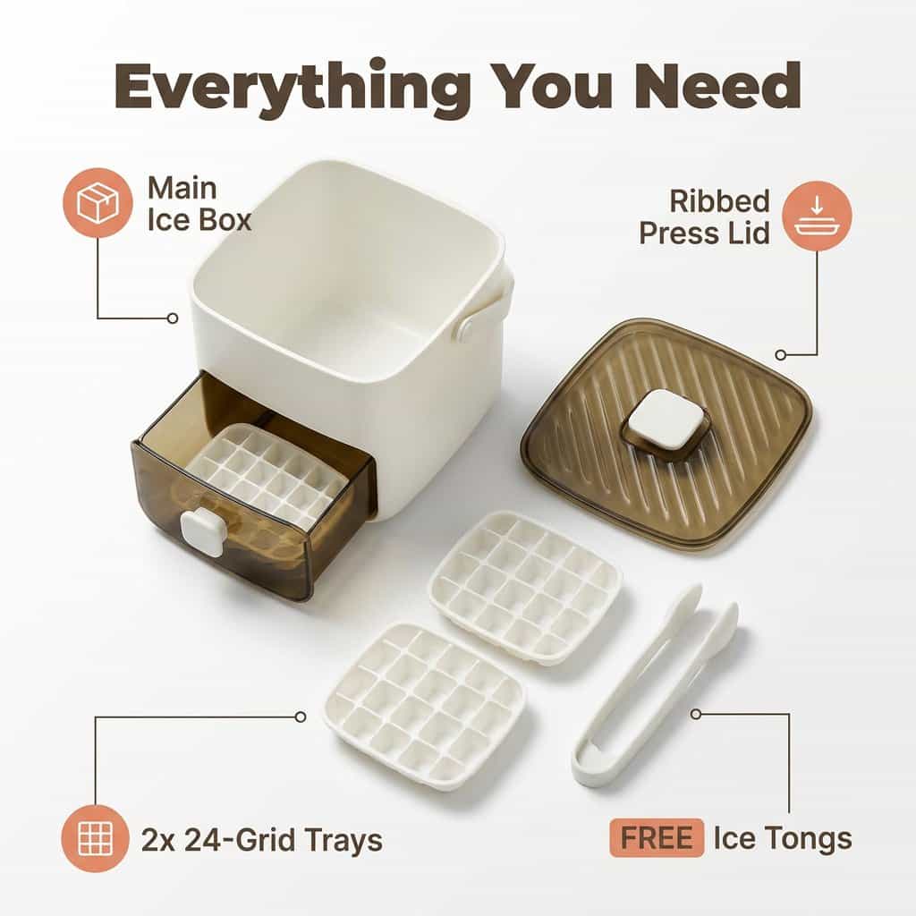 Arenzza push button ice box bundle with multiple storage containers, designed for mess-free, odor-proof cooling and ice storage.