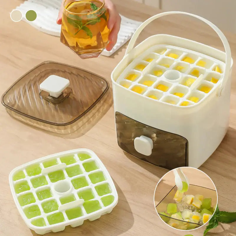 Arenzza push button ice box with press function, portable ice cube container for mess-free, odor-proof ice storage.