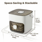 Aarenzza push button ice box with dimensions diagram showing compact, odor-proof, mess-free storage design for cooling needs.