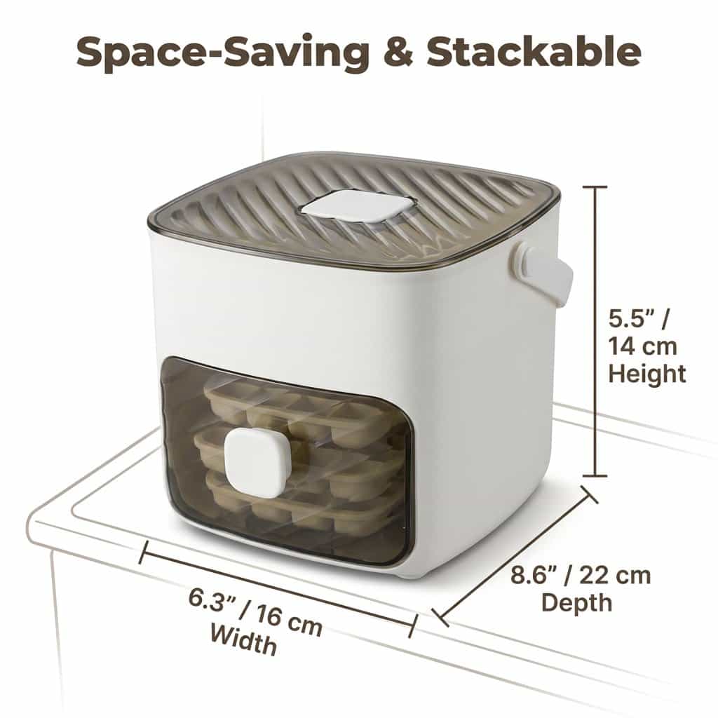 Aarenzza push button ice box with dimensions diagram showing compact, odor-proof, mess-free storage design for cooling needs.