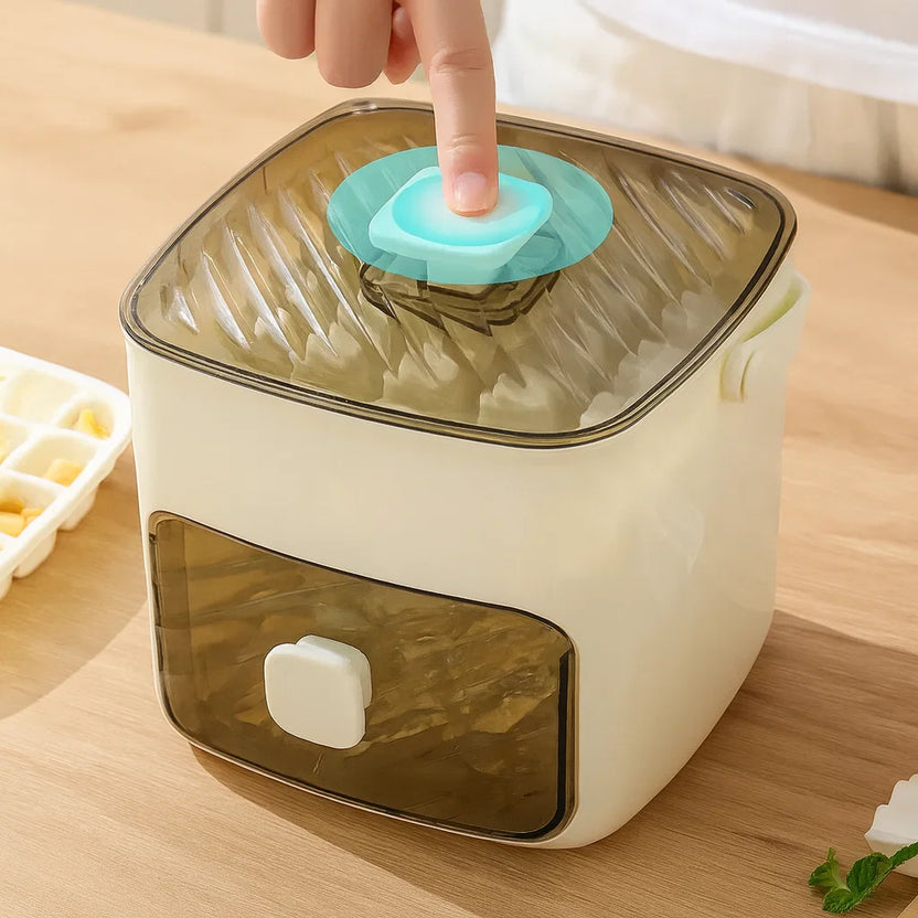 Arenzza push button ice box with sleek design, showing the compact, odor-proof, mess-free storage lid open for easy access.