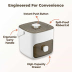 Arenzza push button ice box with odor-proof, mess-free storage features, highlighting 8 benefit callouts on a sleek design.