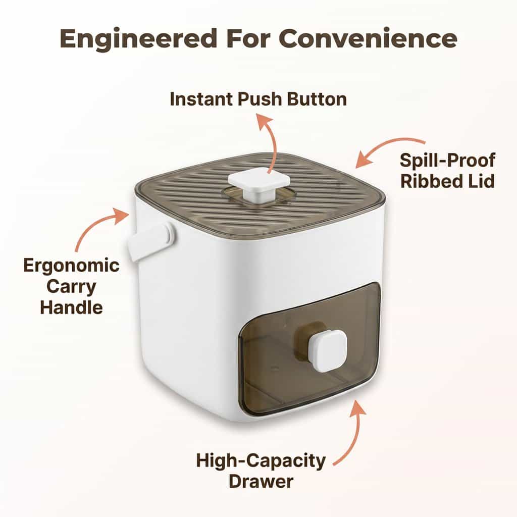 Arenzza push button ice box with odor-proof, mess-free storage features, highlighting 8 benefit callouts on a sleek design.