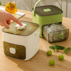 Arenzza push button ice box with press feature, portable ice cube container for mess-free, odor-proof ice storage.