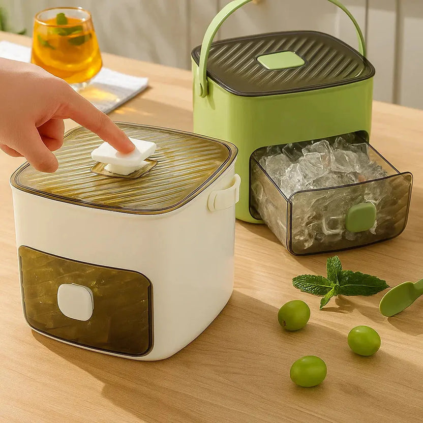 Arenzza push button ice box with press feature, portable ice cube container for mess-free, odor-proof ice storage.