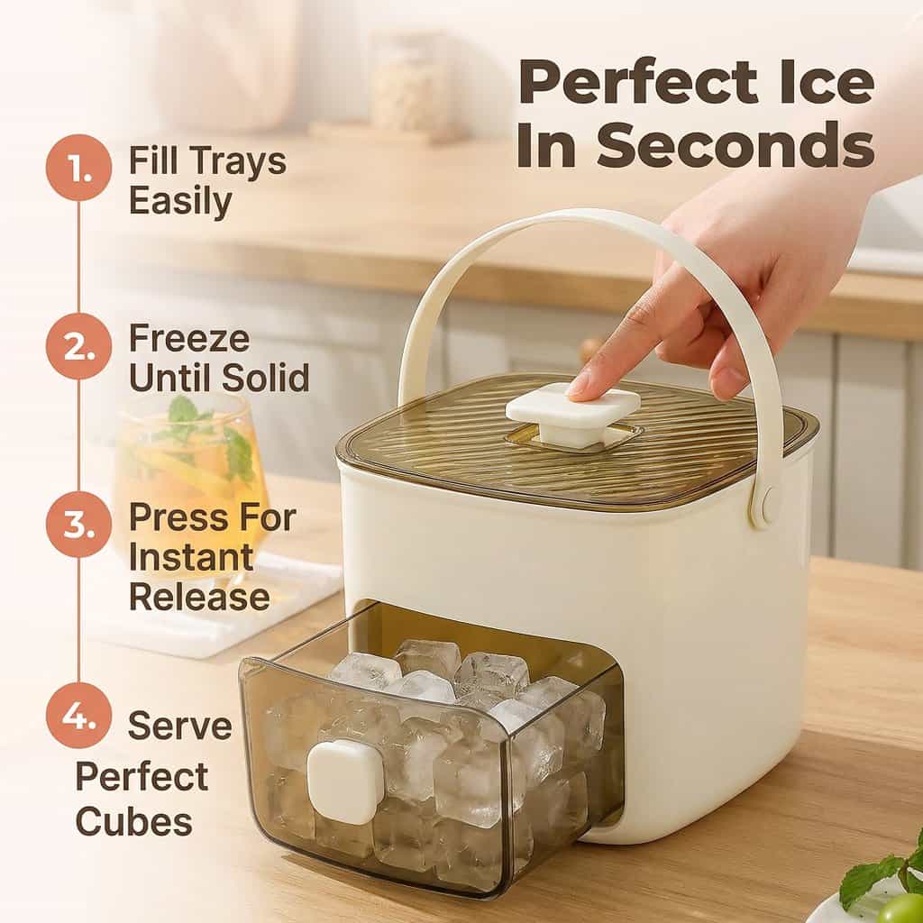 Arenzza Push Button Ice Box with three-step usage guide, showing mess-free, odor-proof storage for keeping ice cold.