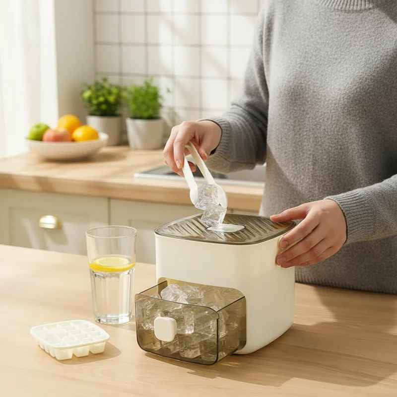 Arenzza push button ice box with a sleek design, featuring a lid and handles for mess-free, odor-proof storage of ice or food.