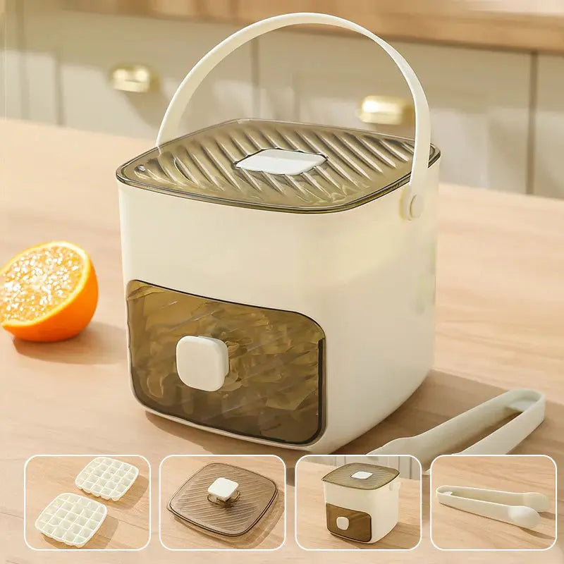 Arenzza push button ice box with odor-proof, mess-free storage, featuring a portable design and easy press function for ice cubes.