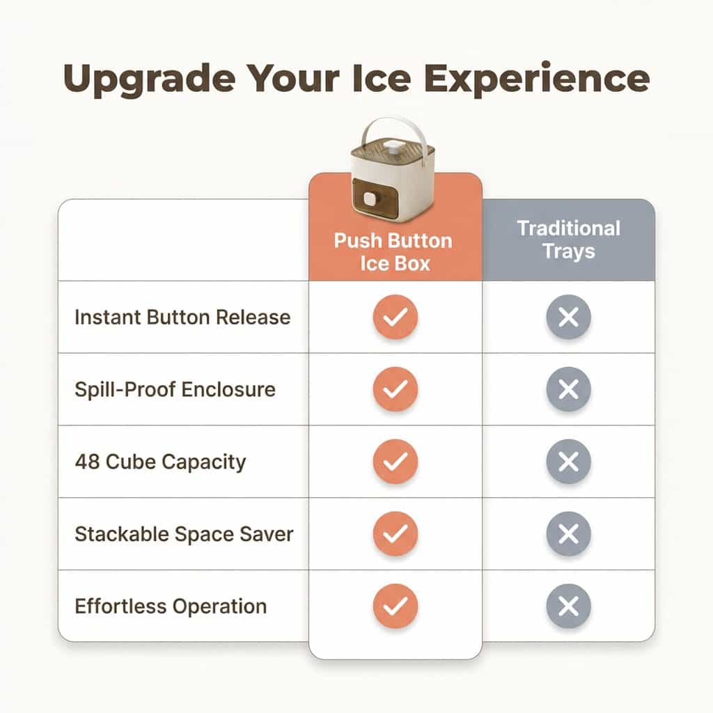 Comparison table of Arenzza push button ice box features, showing mess-free, odor-proof storage solutions for cold storage needs.