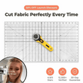 Aarenza QuickCut precision fabric cutting tool in action, showing sharp blade and fabric being cut swiftly and accurately.