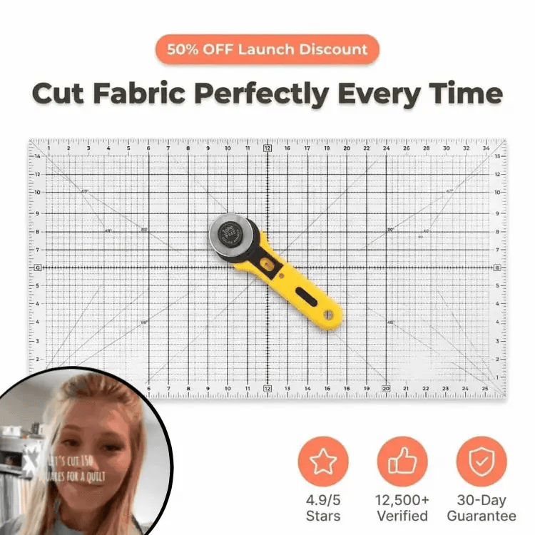 Aarenza QuickCut precision fabric cutting tool in action, showing sharp blade and fabric being cut swiftly and accurately.