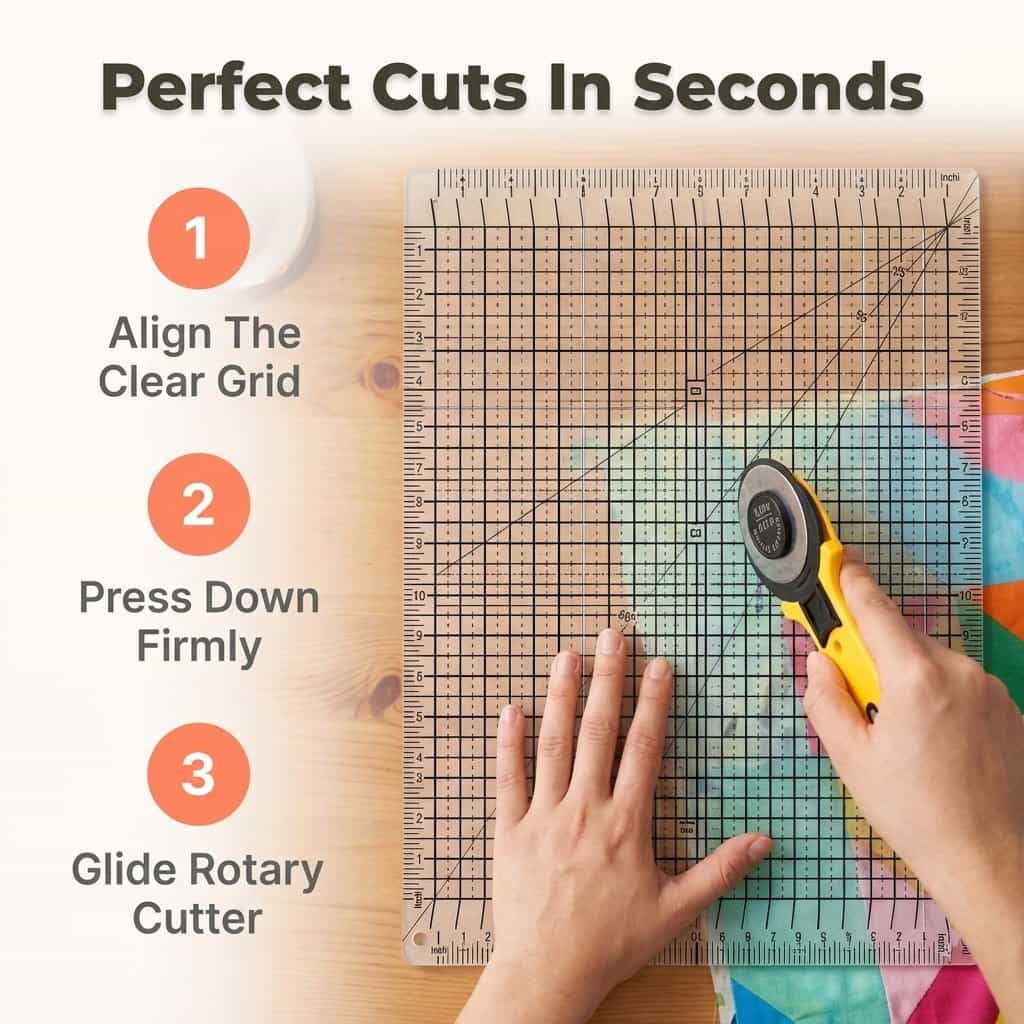 Arenzza QuickCut™ precision fabric cutter showing three-step process with cutting tool and fabric sample for quick, accurate cuts.