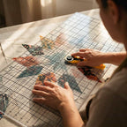 A person using the Arenzza QuickCut™ precision fabric cutting tool on a piece of fabric in a bright, modern workspace.