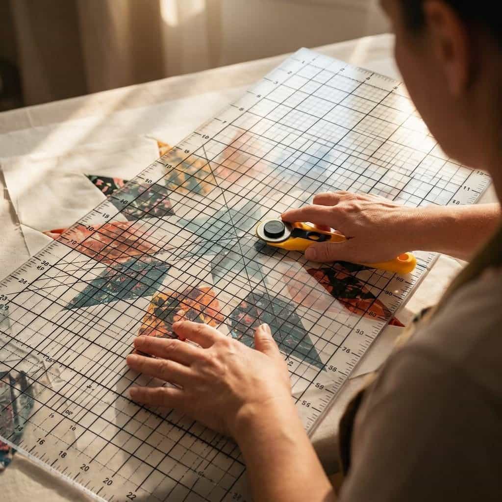 A person using the Arenzza QuickCut™ precision fabric cutting tool on a piece of fabric in a bright, modern workspace.