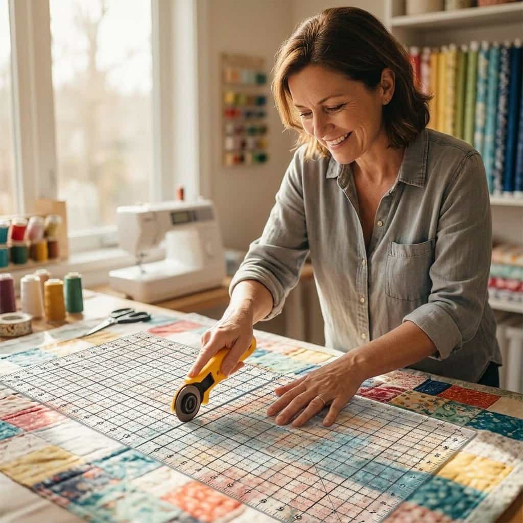 Aarenza QuickCut™ precision fabric cutting tool being used by a person in a lifestyle scene, showcasing its quick and accurate cutting.