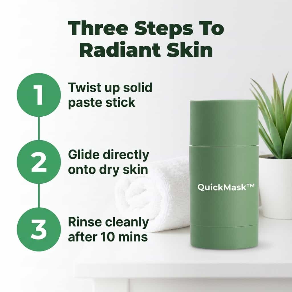 Arenzza QuickMask™ Deep Pore Cleanser with seven-step application process, showing the mask being applied to the face.