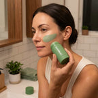 A woman using Arenzza QuickMask™ Deep Pore Cleanser in a skincare routine at home, with a clean, glowing complexion.