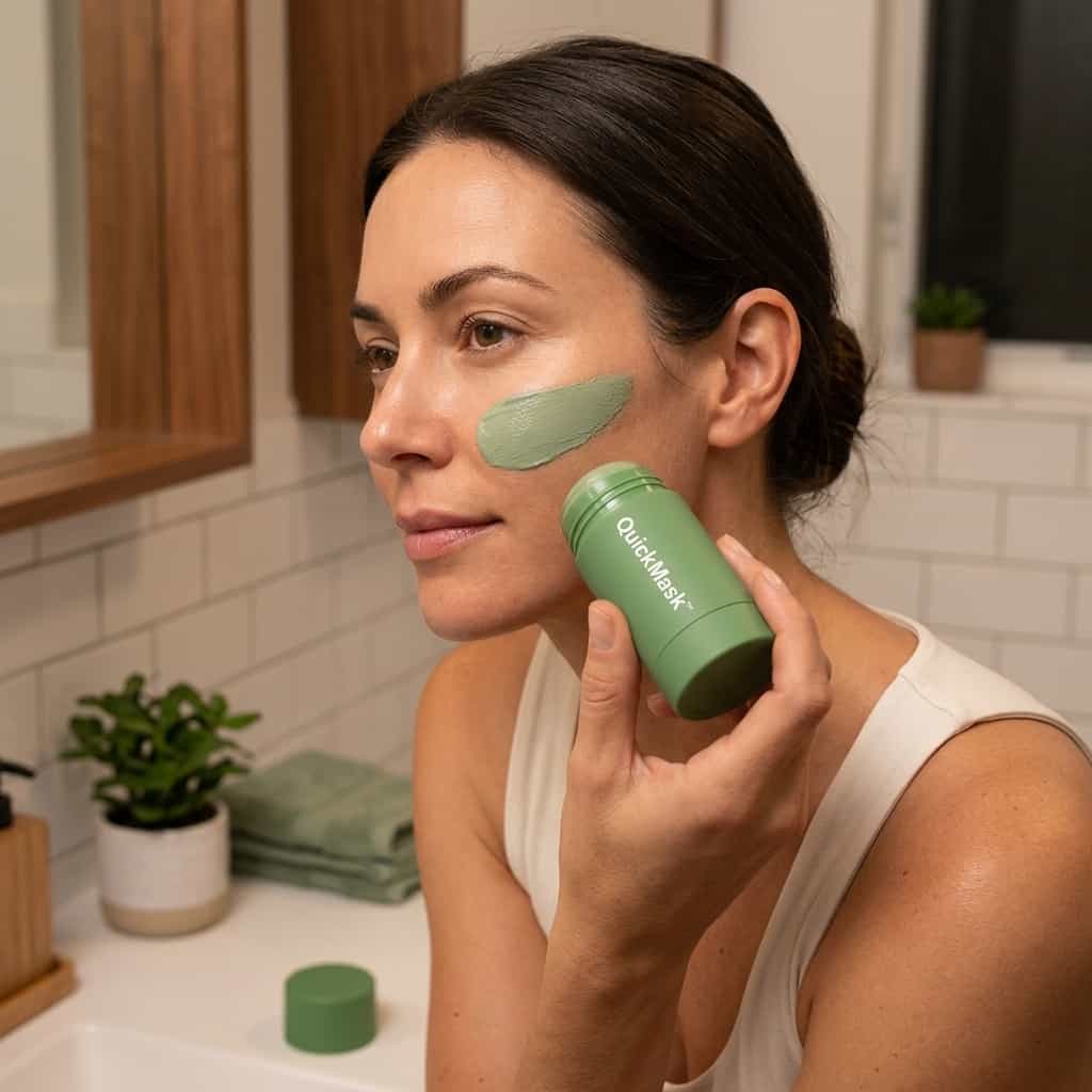 A woman using Arenzza QuickMask™ Deep Pore Cleanser in a skincare routine at home, with a clean, glowing complexion.