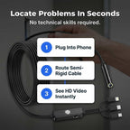 Aarenza QuickScope™ clear HD inspection camera with numbered steps diagram showing features and usage instructions.