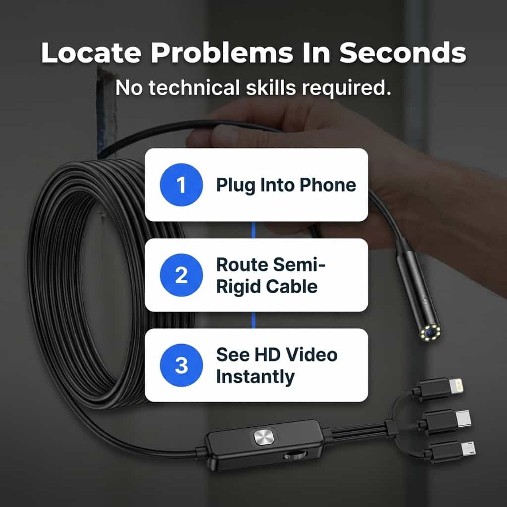 Aarenza QuickScope™ clear HD inspection camera with numbered steps diagram showing features and usage instructions.