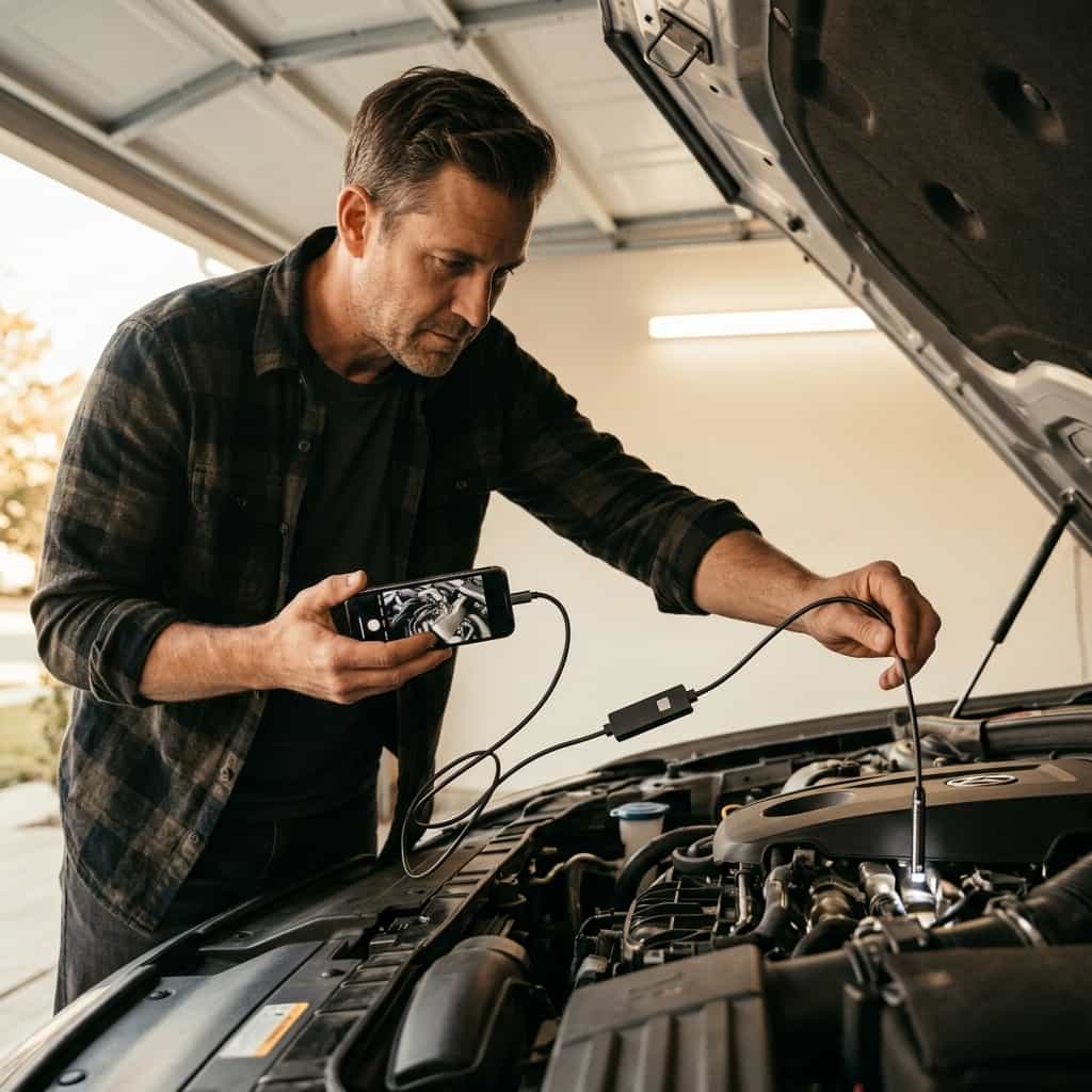 A person using the Arenzza QuickScope™ Clear HD Inspection tool in a lifestyle scene, demonstrating its compact design and portability.