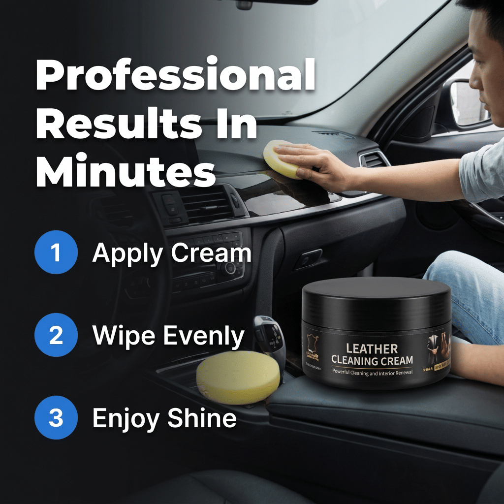 Aarenza QuickShine™ professional surface cleaner in a spray bottle, shown in four-step application process for interior and exterior cleaning.