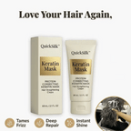 Arenzza QuickSilk™ keratin hair mask in a jar, showcasing the smooth, shiny hair look after use, with a sleek packaging design.