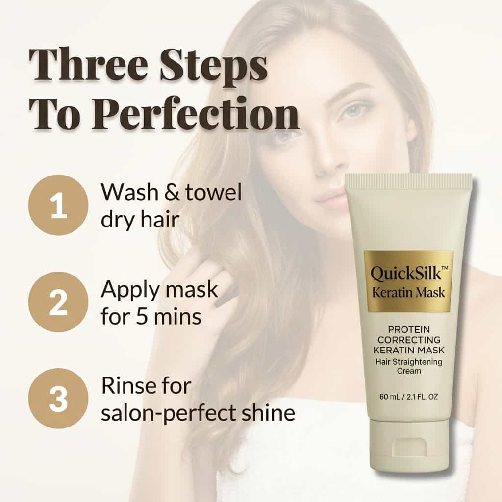 A step-by-step guide image for Arenzza QuickSilk™ Keratin Hair Mask showing five application stages for instant shine.