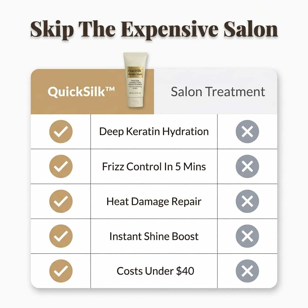 Comparison table showing Arenzza QuickSilk™ Keratin Hair Mask benefits for instant shine and hair repair.