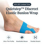 Aarenzza Quietstep™ elastic bunion relief wrap shown on a foot, providing support and comfort for bunion discomfort.