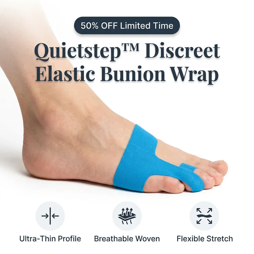 Aarenzza Quietstep™ elastic bunion relief wrap shown on a foot, providing support and comfort for bunion discomfort.