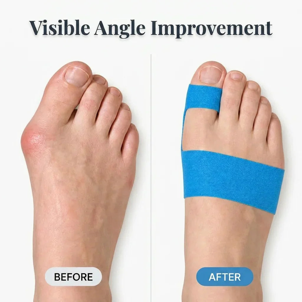 Arenzza Quietstep™ elastic bunion relief wrap shown in a split image with before and after fit on a foot.