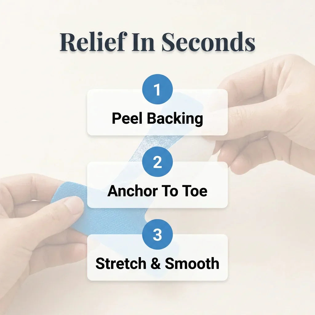 Arenzza Quietstep™ elastic bunion relief wrap shown in four steps, demonstrating how to wear and adjust for comfortable support.