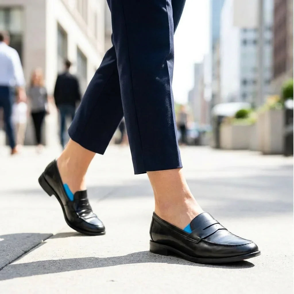 A woman wearing the Arenzza Quietstep™ elastic bunion relief wrap while walking outdoors, showing comfort and support for bunion relief.