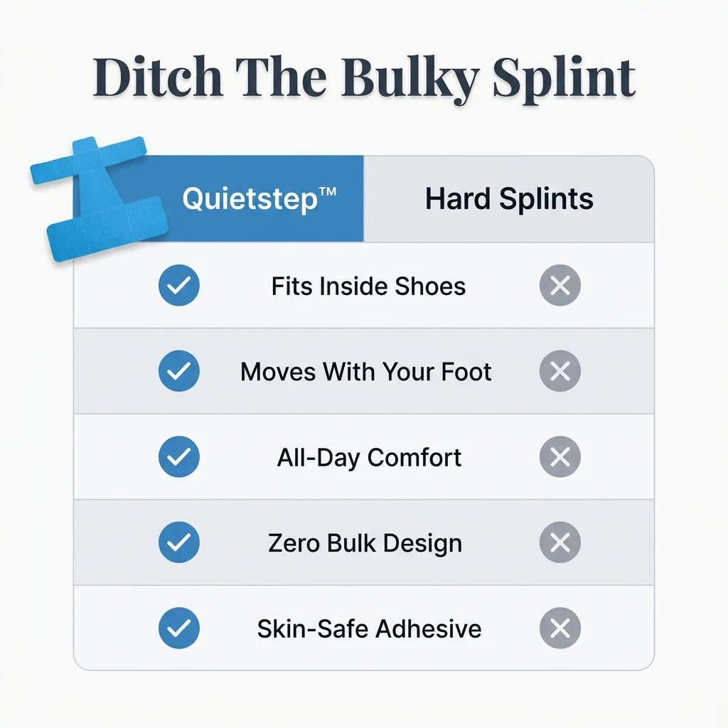 Comparison table showing Arenzza Quietstep™ Elastic Bunion Relief Wrap features and benefits for bunion pain relief.