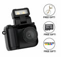 Aarenza Retro Snap™ Nostalgic Camera with vintage design, black body, and silver accents, showcasing classic camera features.