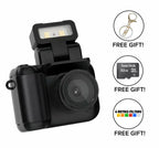 Aarenza Retro Snap™ Nostalgic Camera with vintage design, black body, and silver accents, showcasing classic camera features.