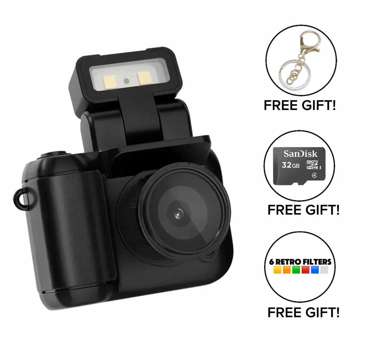 Aarenza Retro Snap™ Nostalgic Camera with vintage design, black body, and silver accents, showcasing classic camera features.