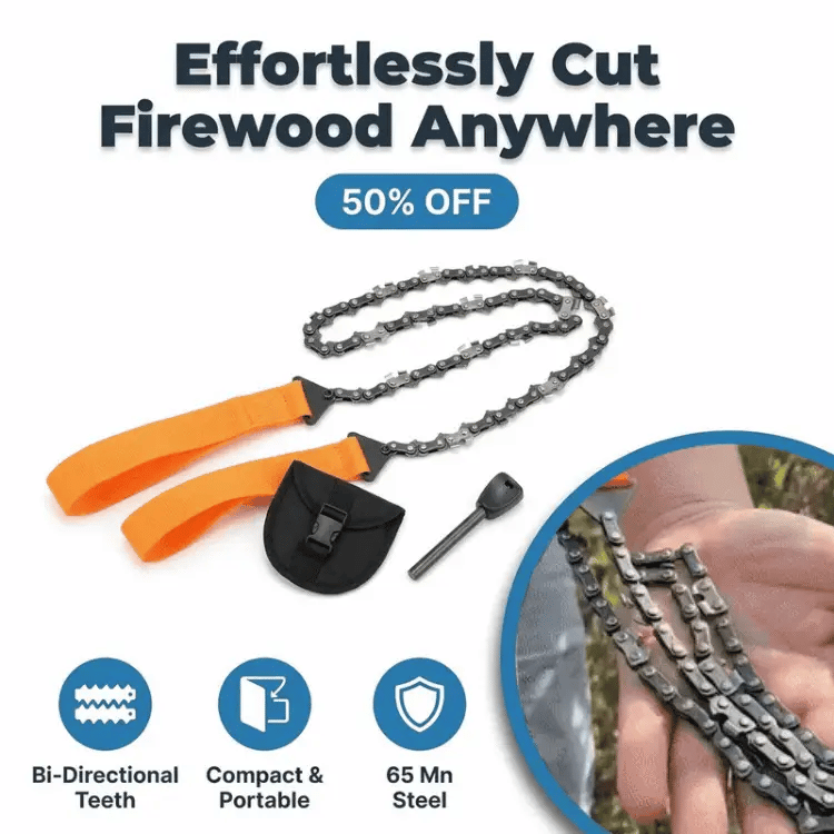 Arenzza SawBlaze™ portable survival saw with a compact blade and ergonomic handle, ideal for outdoor cutting and emergency use.