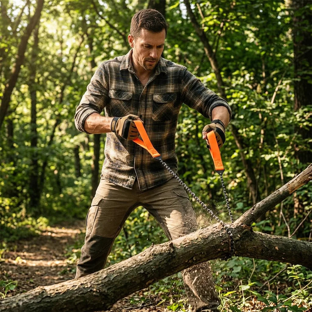A person using the Arenzza SawBlaze™ portable survival saw in a camping or outdoor setting for cutting wood.