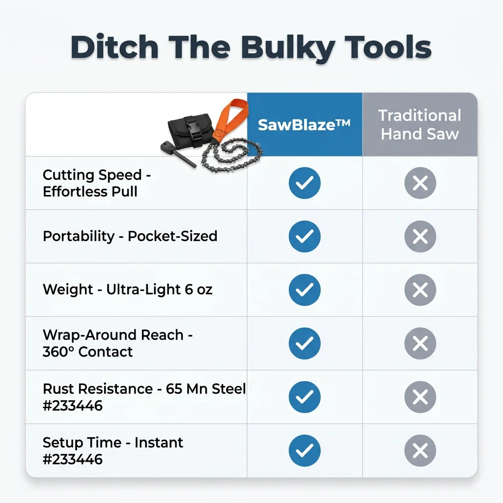 Comparison table of Arenzza SawBlaze™ portable survival saw with different features and specifications.