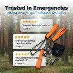Arenzza SawBlaze™ portable survival saw displayed on a social proof wall, showing its compact design and rugged handle for outdoor use.