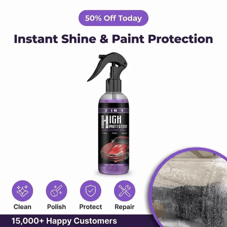 A shiny black car with a sleek finish showcasing ShineGuard™ 3-in-1 ceramic car coating by Arenzza on the vehicle's surface.