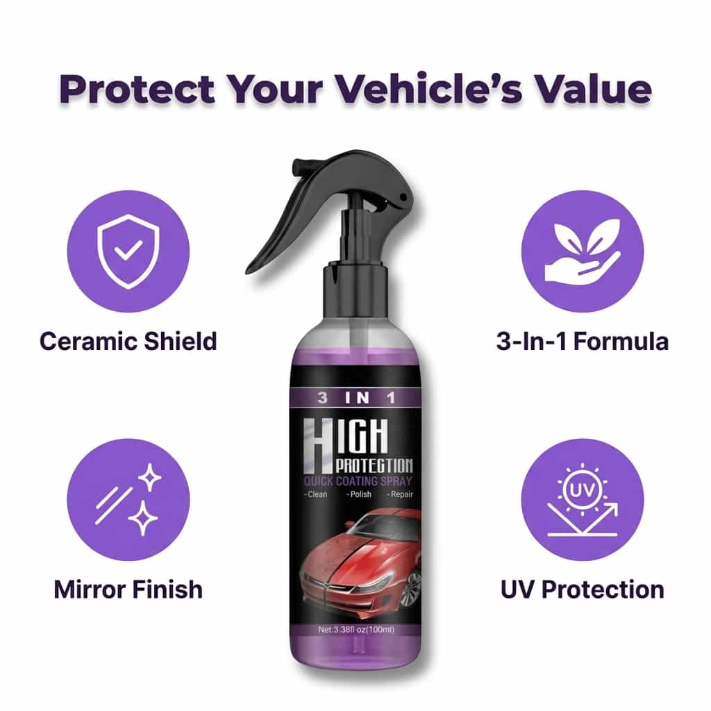 A close-up of a car coated with ShineGuard™ 3-in-1 Ceramic Car Coating by Arenzza, showcasing a glossy, smooth finish.