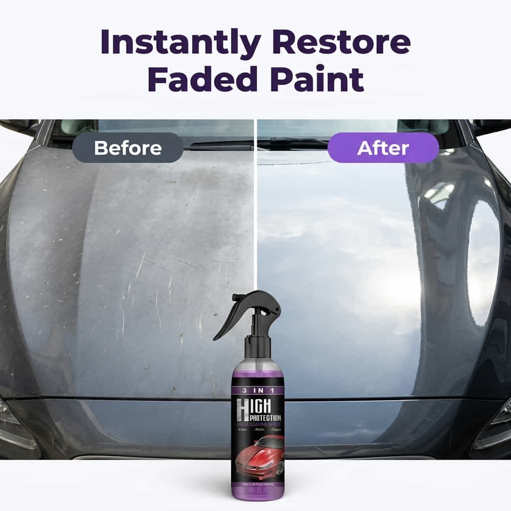 Side-by-side view of a car's hood showing before and after application of ShineGuard™ 3-in-1 Ceramic Car Coating by Arenzza.