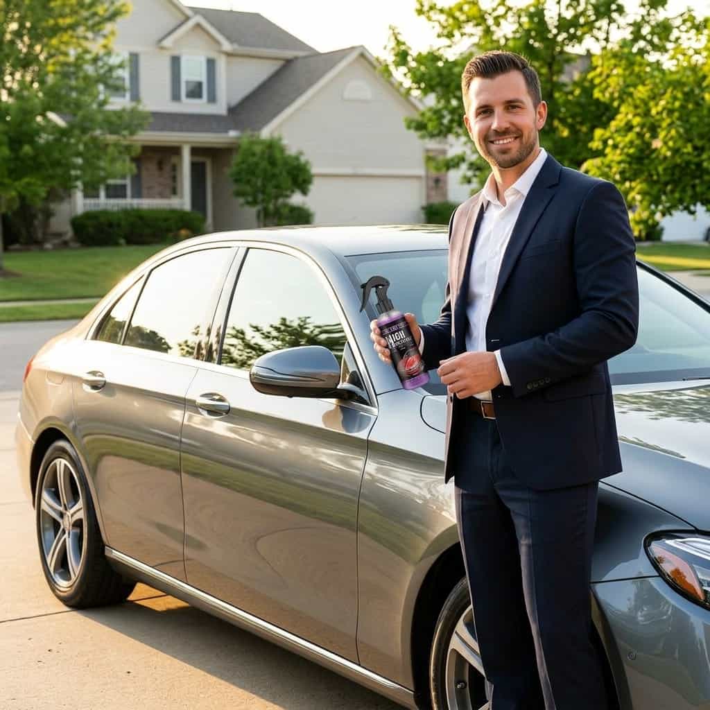 A person applying ShineGuard™ 3-in-1 ceramic car coating by Arenzza on a vehicle in an outdoor lifestyle scene.