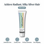 A silver hair product bottle labeled SilverGlow™ Ammonia-Free 2-in-1 Silver Hair Formula by Arenzza with silver and purple design elements.