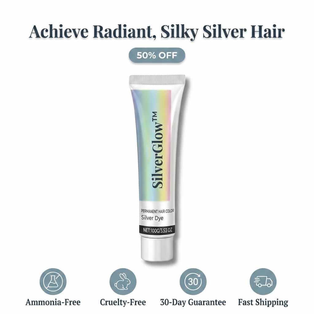 A silver hair product bottle labeled SilverGlow™ Ammonia-Free 2-in-1 Silver Hair Formula by Arenzza with silver and purple design elements.